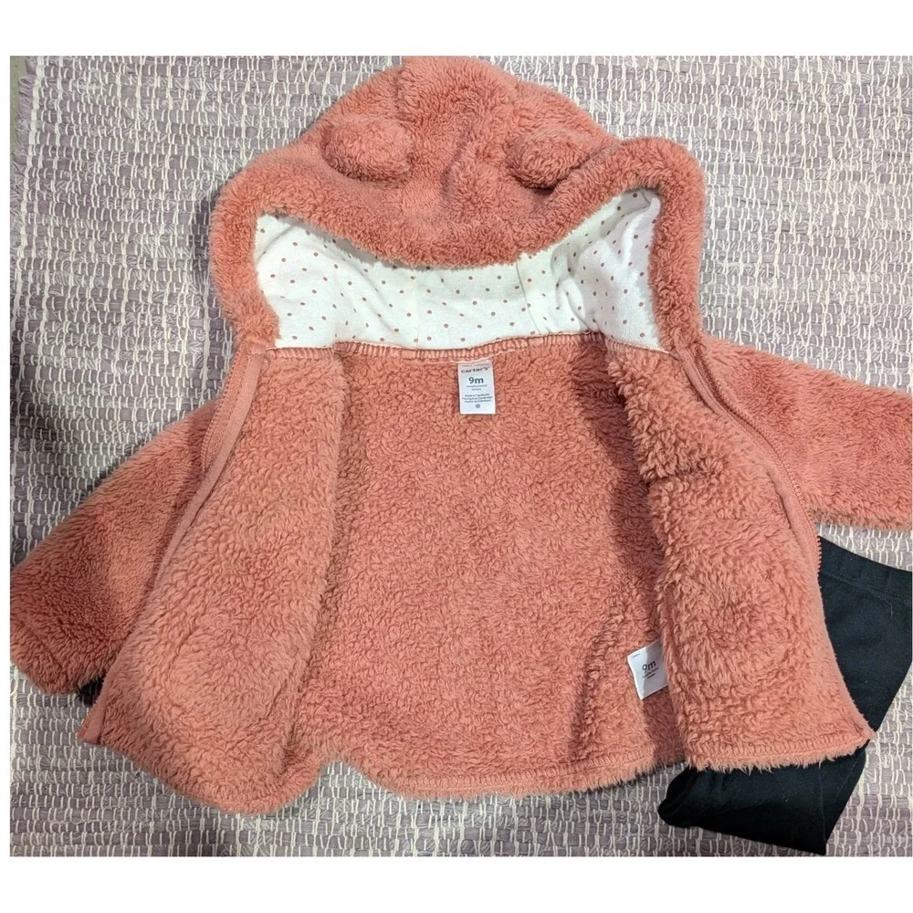 Carters Baby Girls 9m Pink Sherpa Bear Hooded Jacket + Cloud Island Leggings Set